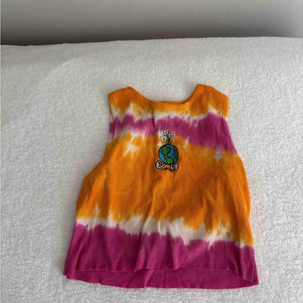 Zumiez Orange and Pink Tie-Dye Tank crop Top Earth flower embroidered graphic